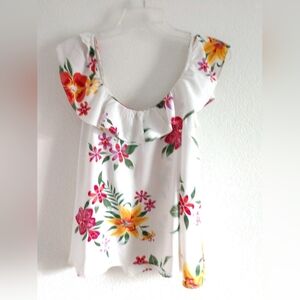 Old Navy Ruffle Collar CROP Floral Hawaiian Sleeveless Shirt White Size LARGE
